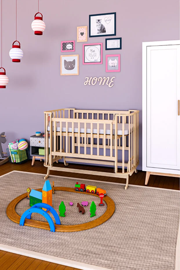 Mabela Beşik Ahşap Kahverengi Krem Örgü Koruma Set Ile